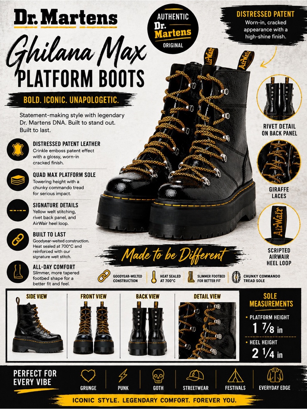 Dr. Martens Ghilana Max Platform Boots Distressed Patent Giraffe Laces